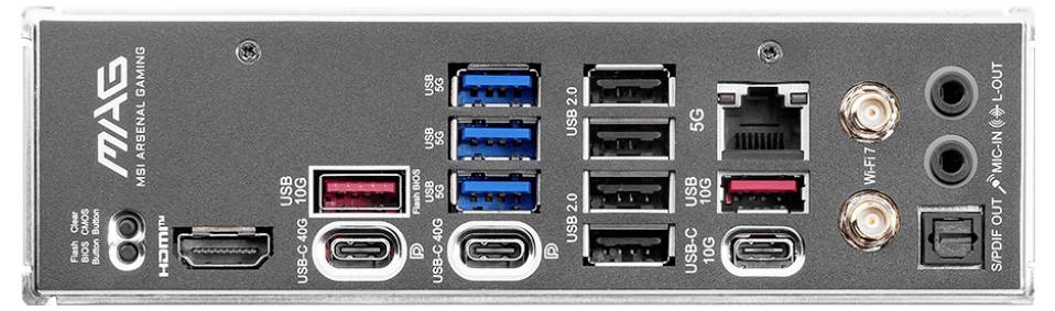 Rückansicht eines Computer-Motherboards mit mehreren USB-Anschlüssen, HDMI, Ethernet, Audio-Ein- und Ausgänge sowie Antennenanschlüsse.