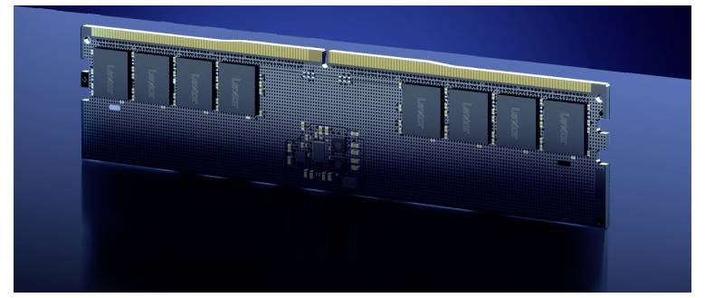 Ein RAM-Modul mit mehreren schwarzen Chips auf einer blauen, glatten Oberfläche, beleuchtet von einem blauen Licht.