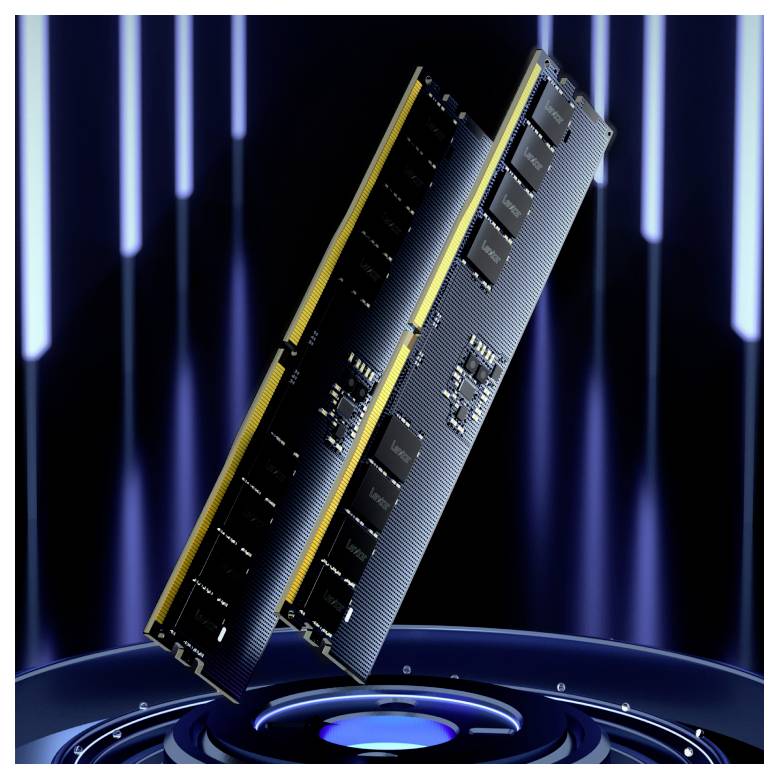 Zwei DDR4-RAM-Module stehen vertikal vor einem futuristischen, blauen Hintergrund, der digitale und technologische Elemente symbolisiert.