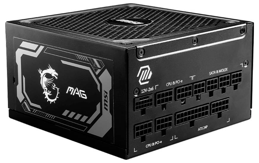 Computer-Netzteil mit schwarzem Gehäuse und mehreren Anschlussbuchsen seitlich, darunter 'CPU' und 'SATA'. Aufdruck mit Drachenmotiv.