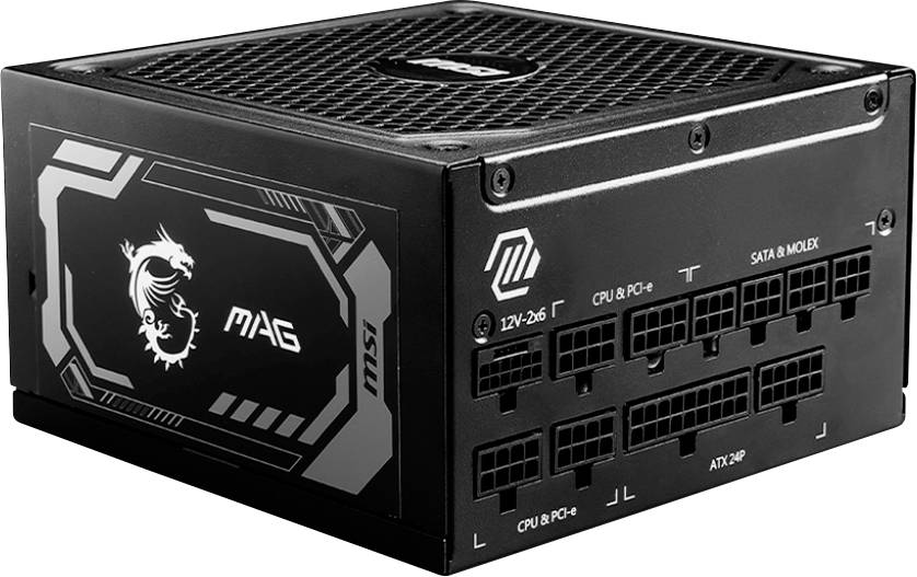 Ein schwarzes, modulares PC-Netzteil der Marke MSI mit mehreren Anschlussmöglichkeiten, einschließlich CPU, SATA und PCIe.