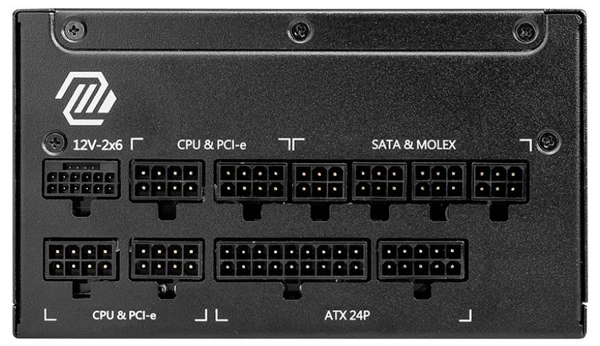 PC-Netzteil-Rückseite mit Anschlüssen: 12V-2x6, CPU & PCI-e, SATA & MOLEX, ATX 24P. Schwarze, quadratische Stecker-Anschlüsse.