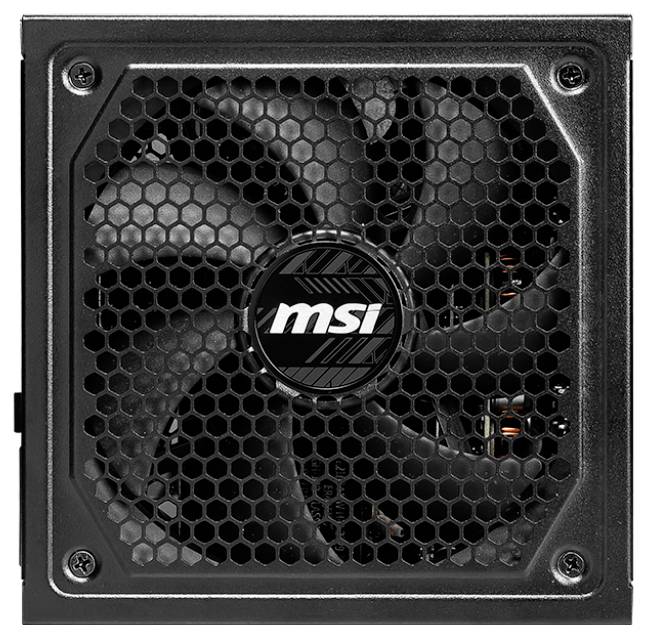 MSI Netzteil mit großem Lüfter und Wabenstruktur für effiziente Kühlung, geeignet für Gaming-PCs oder leistungsstarke Computer.