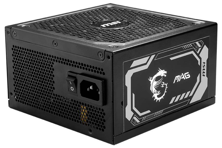 Schwarzes PC-Netzteil mit Lüftungsgitter, Schalter und Anschlüssen, seitlich mit einem stilisierten Drachenmotiv und 'MAG'-Logo.