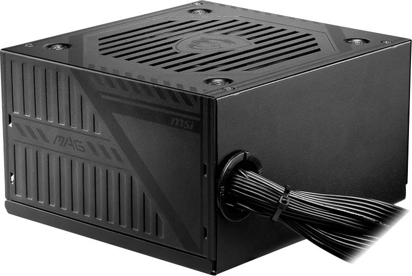 Schwarzes Computer-Netzteil mit Lüftungsschlitzen und Kabelbündel, markiert mit 'MAG'. Geeignet für PC-Stromversorgung.
