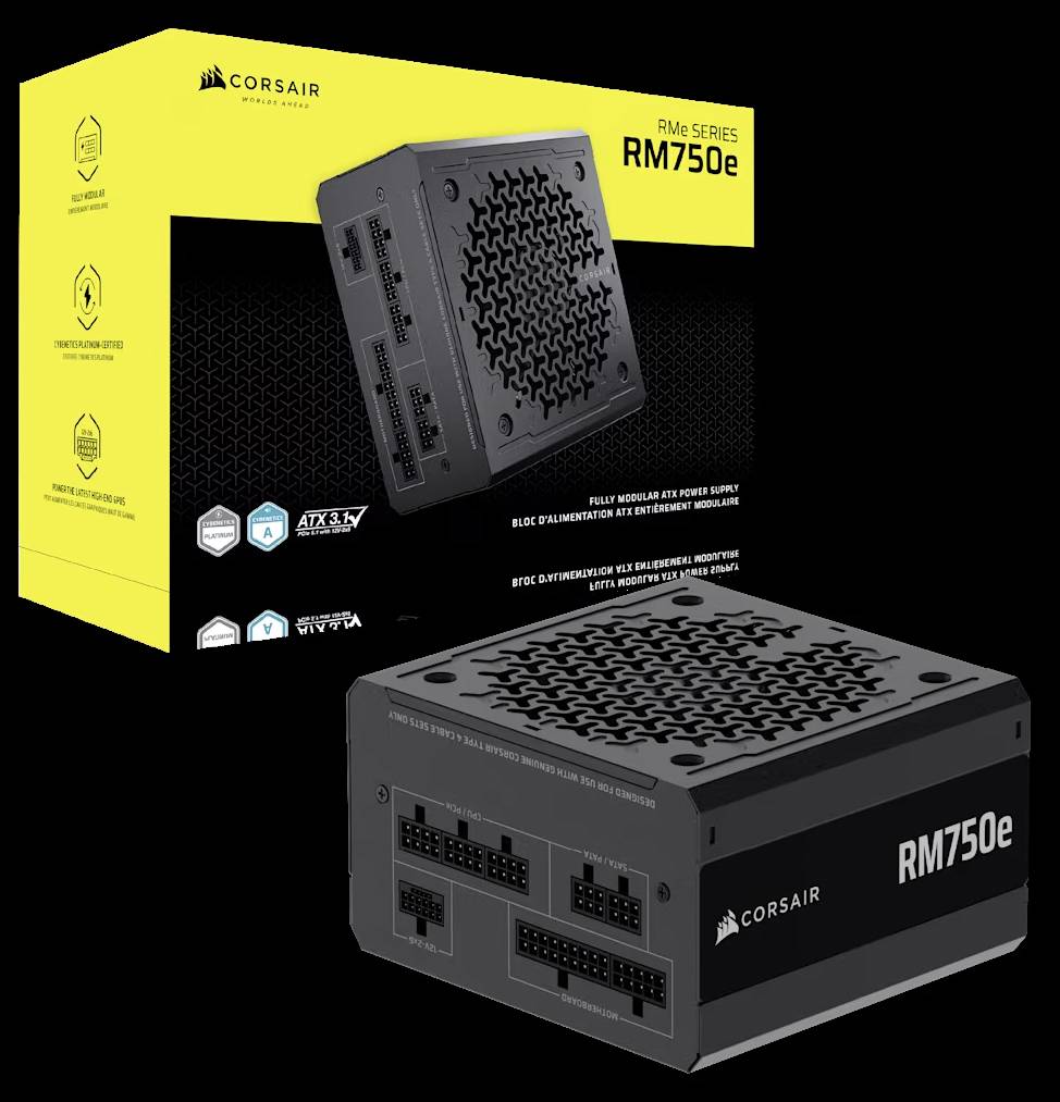 'Corsair RM750e' Netzteil auf schwarzem Hintergrund, vorne das Produkt, dahinter die gelbe Verpackung mit Logo und Modellnummer.