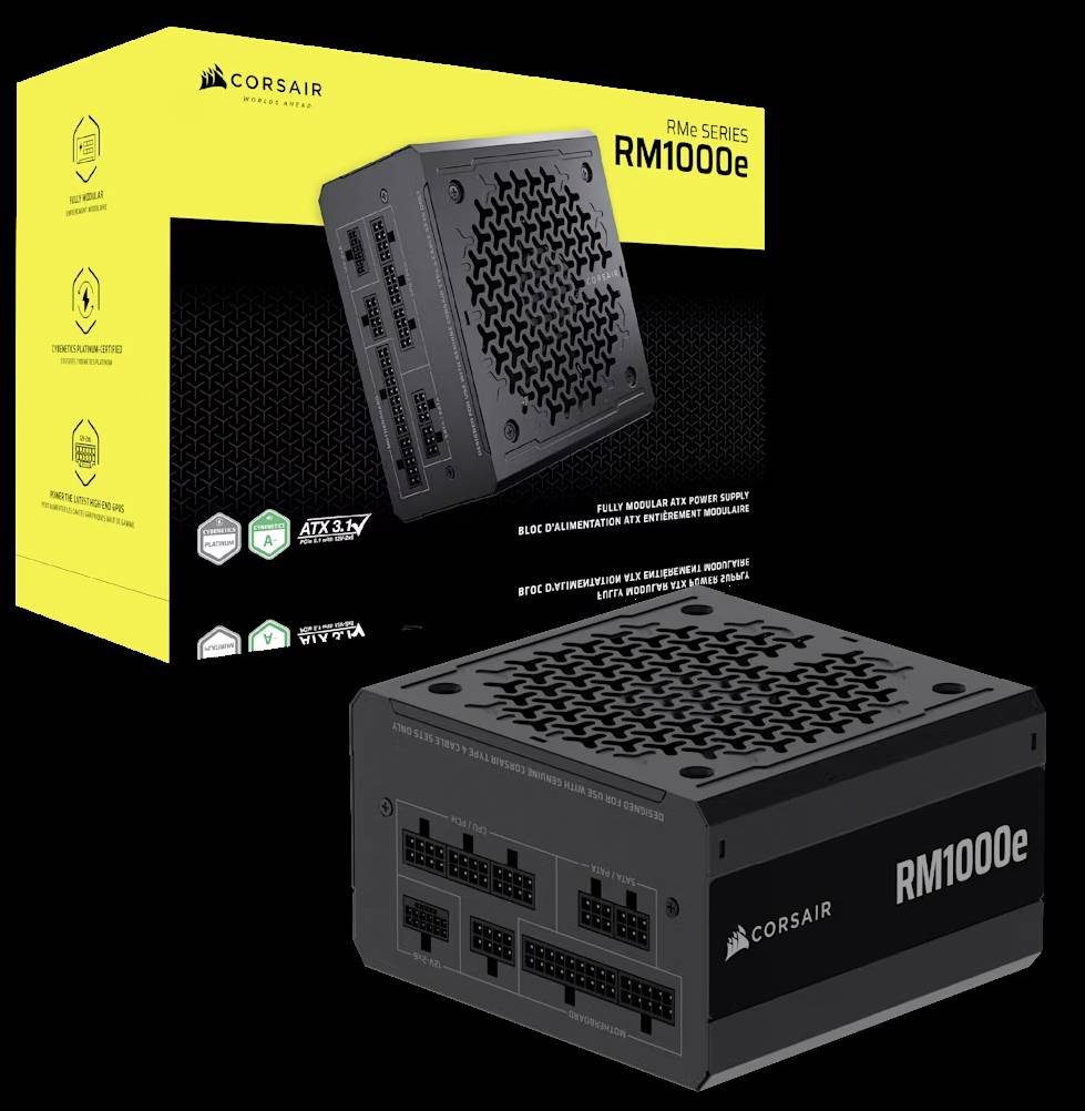 'Corsair RM1000e' Netzteilverpackung und Gerät. 1000 Watt, vollmodulares Design, hohe Effizienz, ideal für PCs mit hoher Leistung.