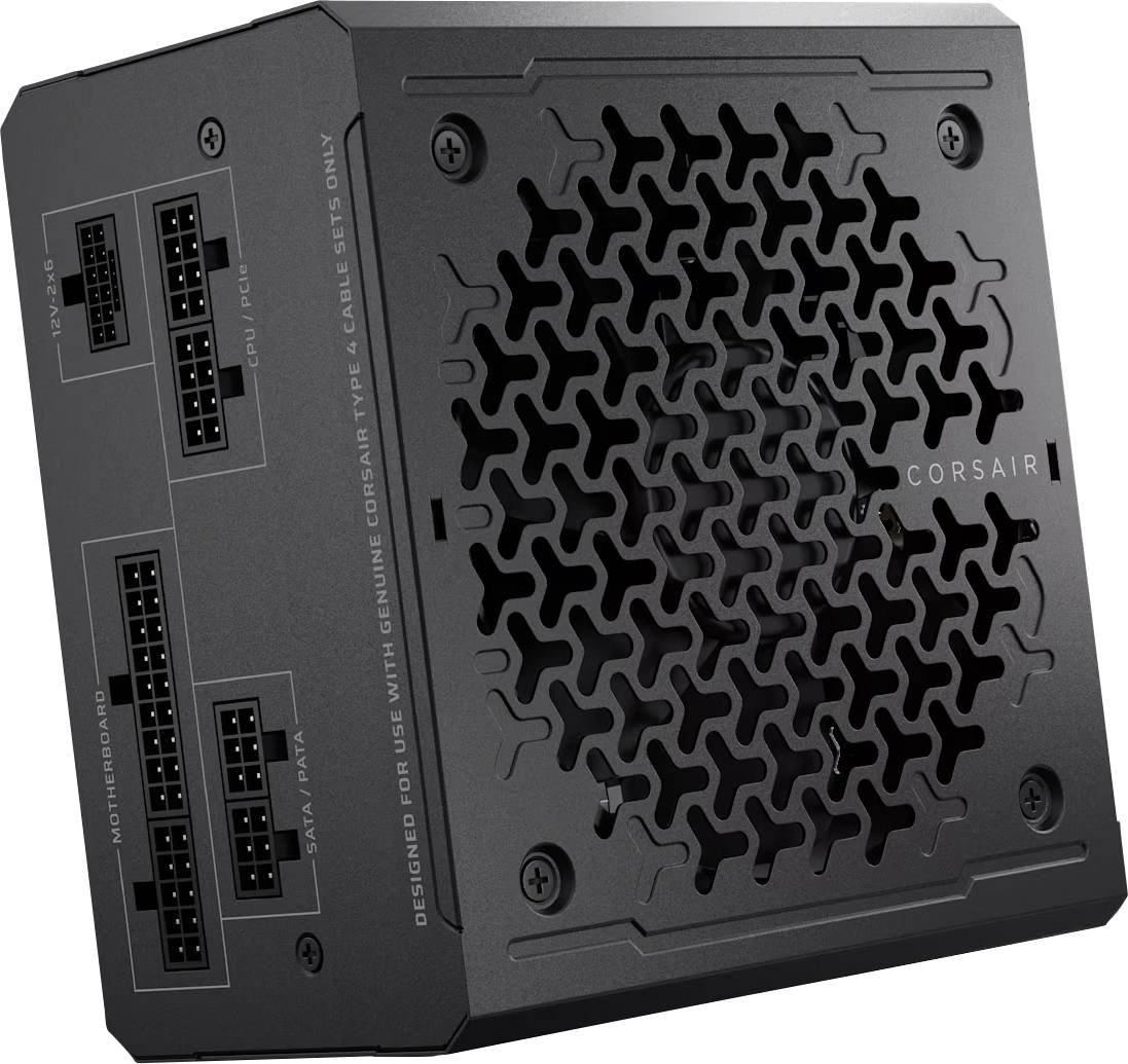 Schwarzes Corsair-Netzteil mit Lüfter und verschiedenen Anschlüssen für Motherboard und SATA-Geräte. Markierung zeigt Originalkabelnutzung an.