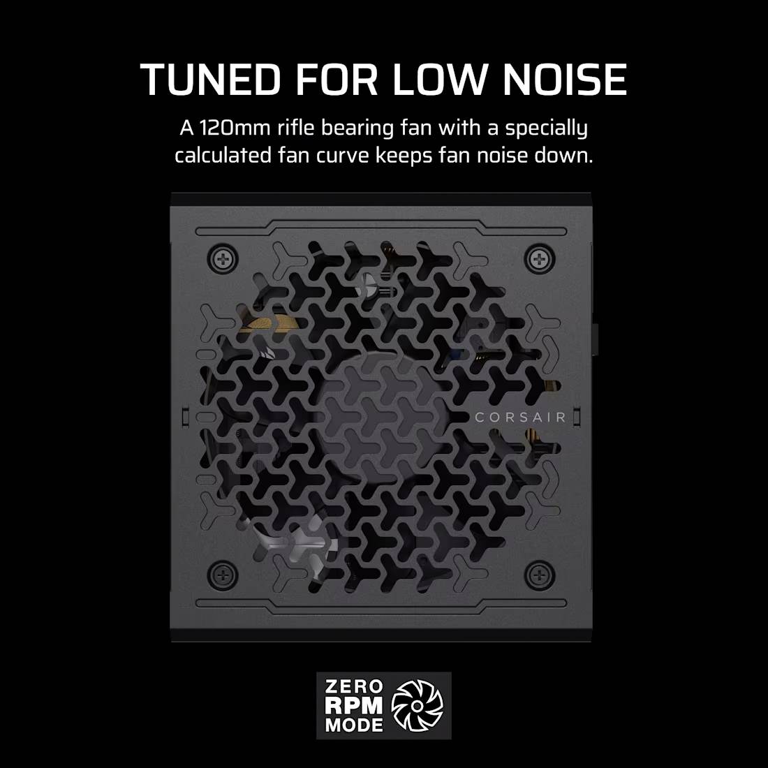 Ein Lüftergehäuse mit der Aufschrift 'Tuned for Low Noise'. Ein 120 mm Lüfter mit Spezialeinstellungen zur Geräuschminimierung im Vordergrund.
