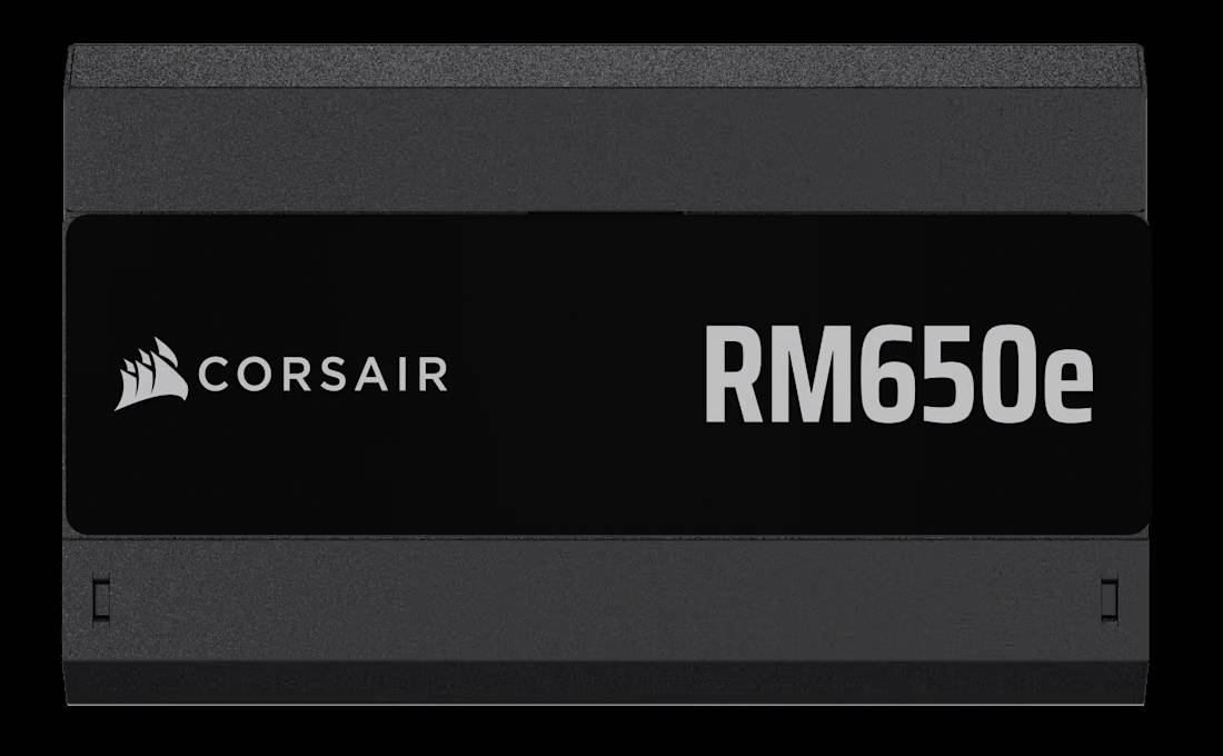 Schwarzes Computer-Netzteil der Marke Corsair, Modell RM650e.