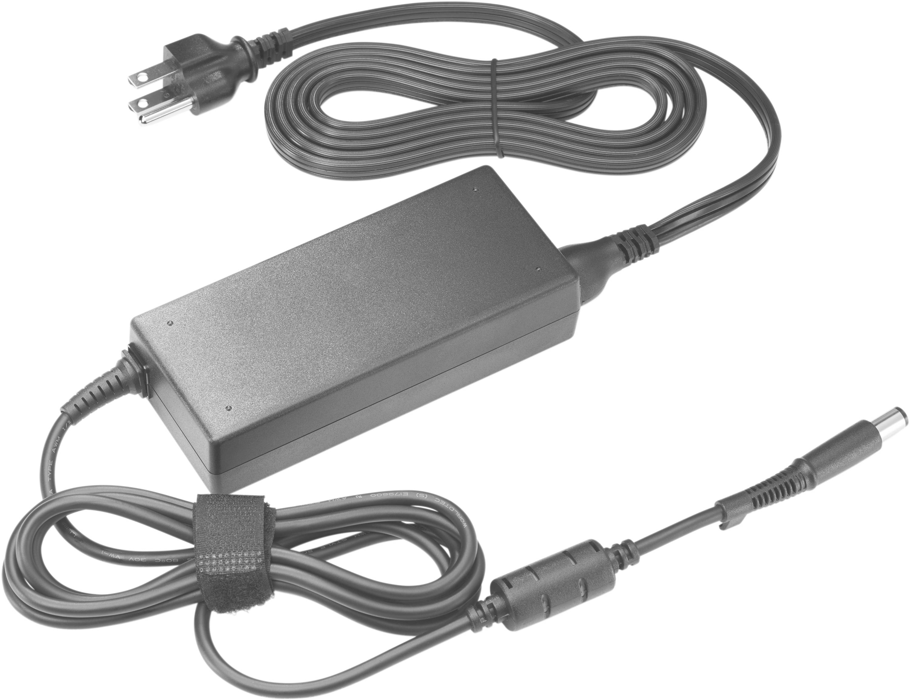 Schwarzes Laptop-Netzteil mit Netzstecker und DC-Kabel, auf weißem Hintergrund abgebildet. Es zeigt das Ladekabel in voller Länge.