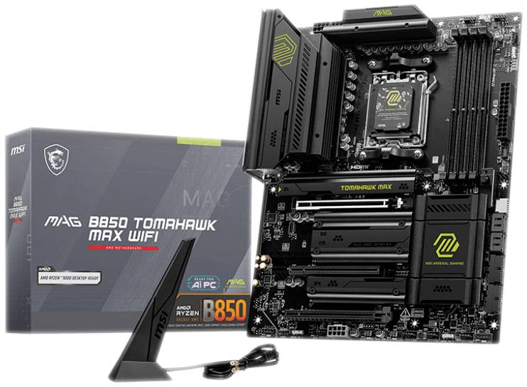 Abbildung eines MSI B550 Tomahawk MAX WIFI Motherboards mit Verpackung und Antenne. Geeignet für AMD Ryzen Prozessoren.