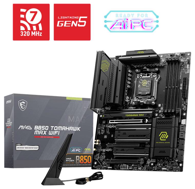 'MSI MAG B650 TOMAHAWK MAX WIFI' Motherboard neben Verpackung, zeigt Anschlussmöglichkeiten und moderne Technologie-Features.