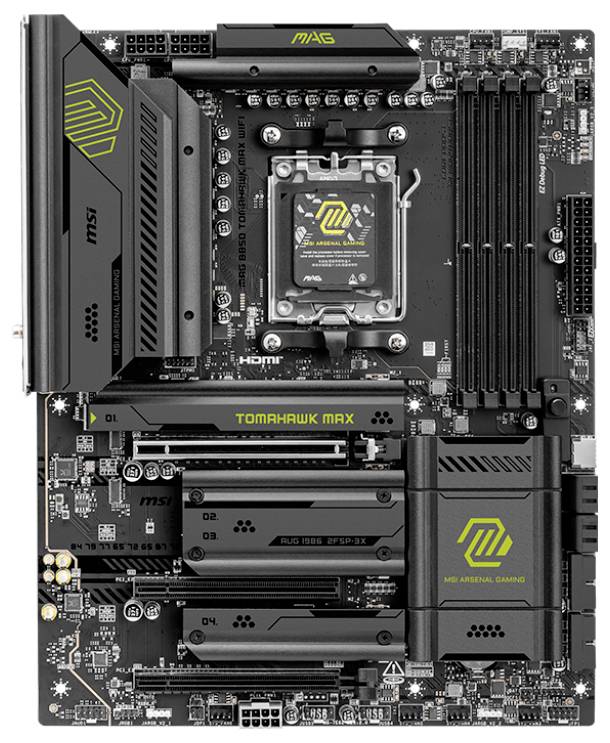 Schwarzes Computer-Motherboard, beschriftet mit 'MAG Tomahawk Max'. Es zeigt mehrere Steckplätze und Anschlüsse für PC-Komponenten.