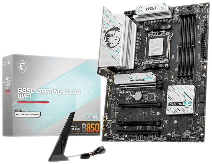 Ein MSI B650 Gaming Plus WiFi-Motherboard neben seiner Verpackung. Enthält einen WiFi-Antenne. Unterstützt AMD Ryzen-CPUs.