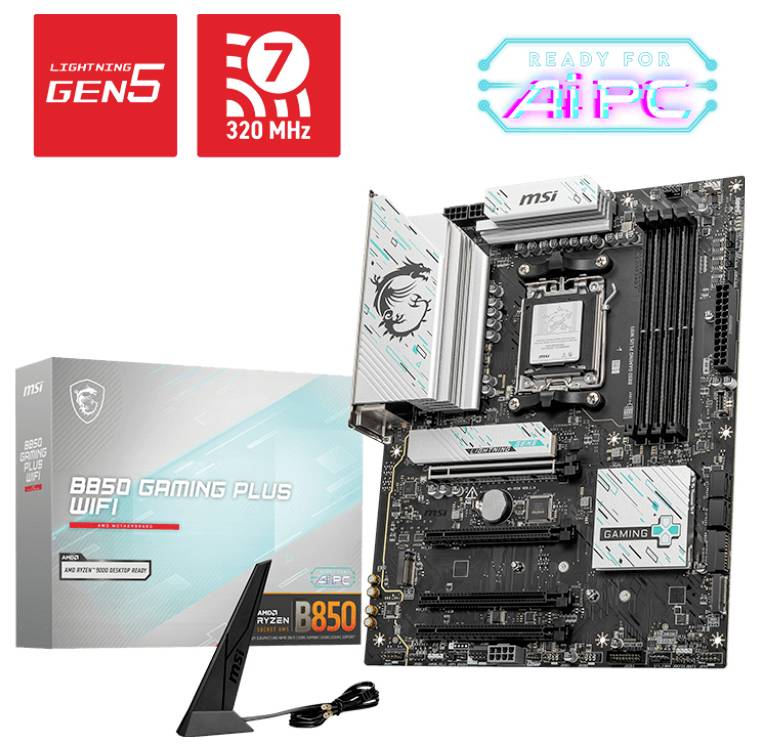 'MSI B550 GAMING PLUS WIFI'-Mainboard mit AMD-Sockel. Enthält Verpackung und Antenne. Geeignet für Gaming-PCs mit Wi-Fi und 320 MHz.