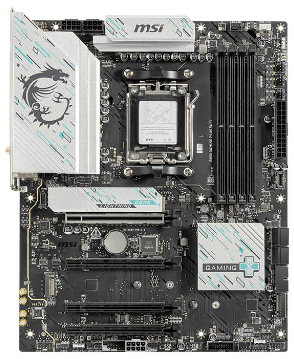 Ein schwarzes MSI-Motherboard mit silbernen Kühlkörpern und türkisfarbenen Akzenten, ausgestattet für Gaming-Zwecke.