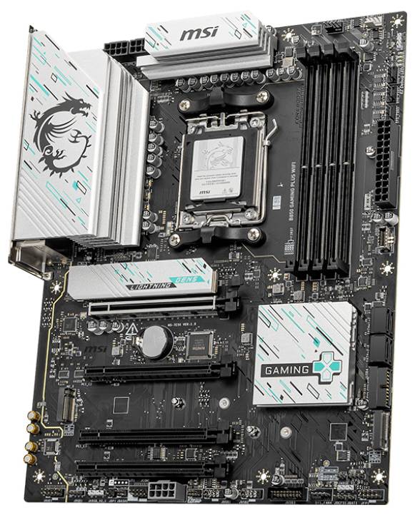 Ein Computer-Motherboard von MSI, mit schwarz-silbernem Design und mehreren Steckplätzen für Komponenten, geeignet für Gaming-PCs.