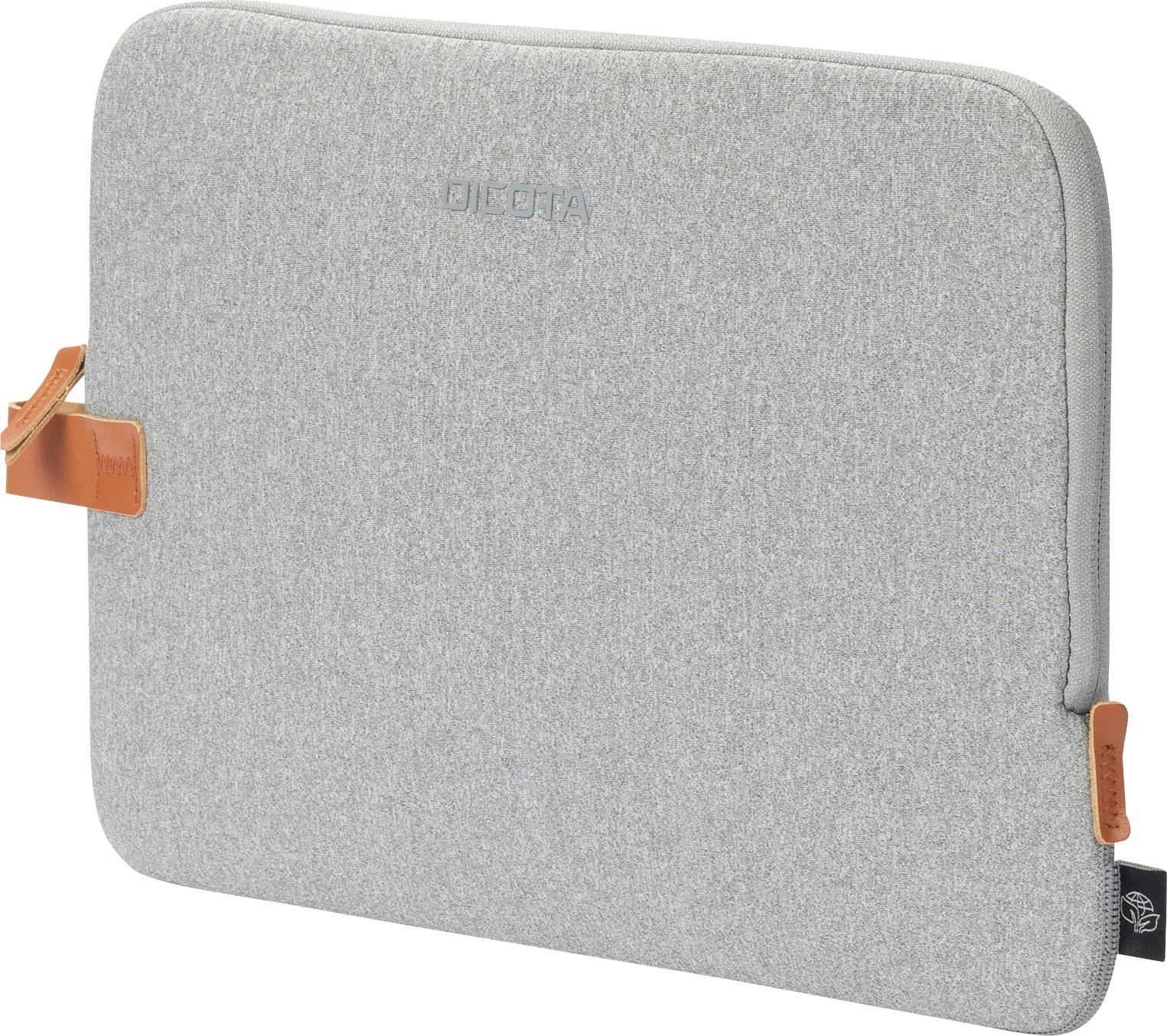 Eine graue Laptoptasche aus Stoff mit orangefarbenen Lederakzenten am Reißverschluss. Der Markenname 'DICOTA' ist auf der Vorderseite eingeprägt.