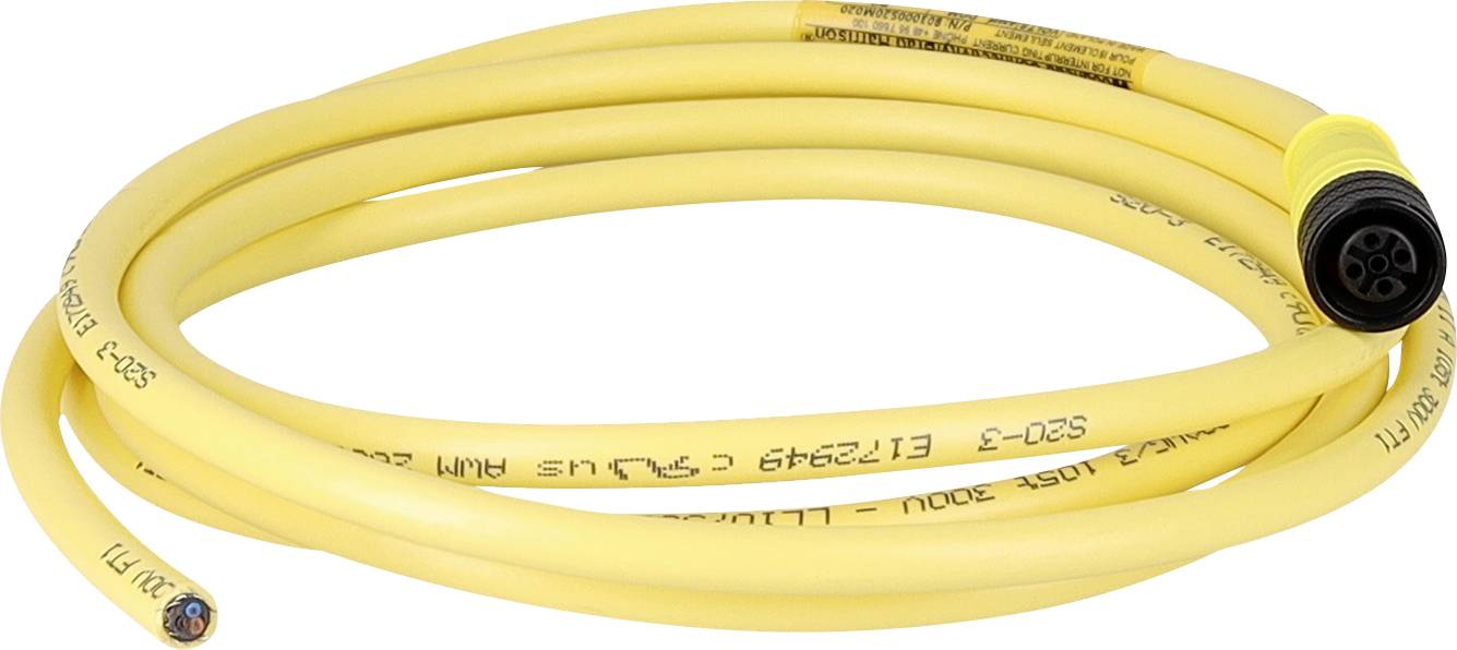 Ein gewickeltes gelbes elektrisches Kabel mit einem Vier-Pin-Stecker an einem Ende und freigelegten Leitungen am anderen Ende, das für industrielle Anwendungen verwendet wird.