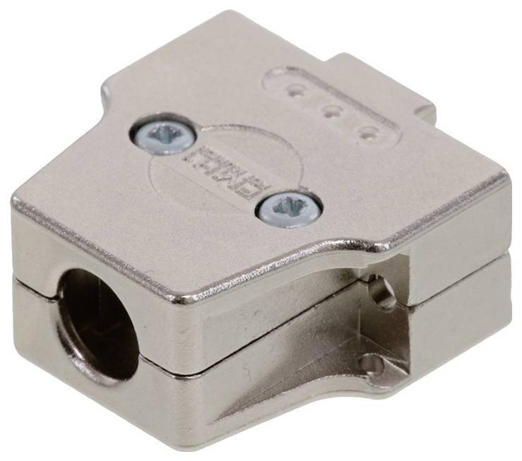 Ein metallener D-Sub-Stecker mit zwei Schrauben zur Befestigung und einem runden Anschluss in der Mitte. Geeignet für Kabelverbindungen.