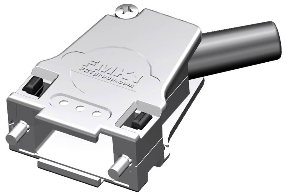 Steckergehäuse mit Schraubverschluss und Kabelanschluss, Seitenansicht. Ideal zur Verbindung von elektronischen Geräten.