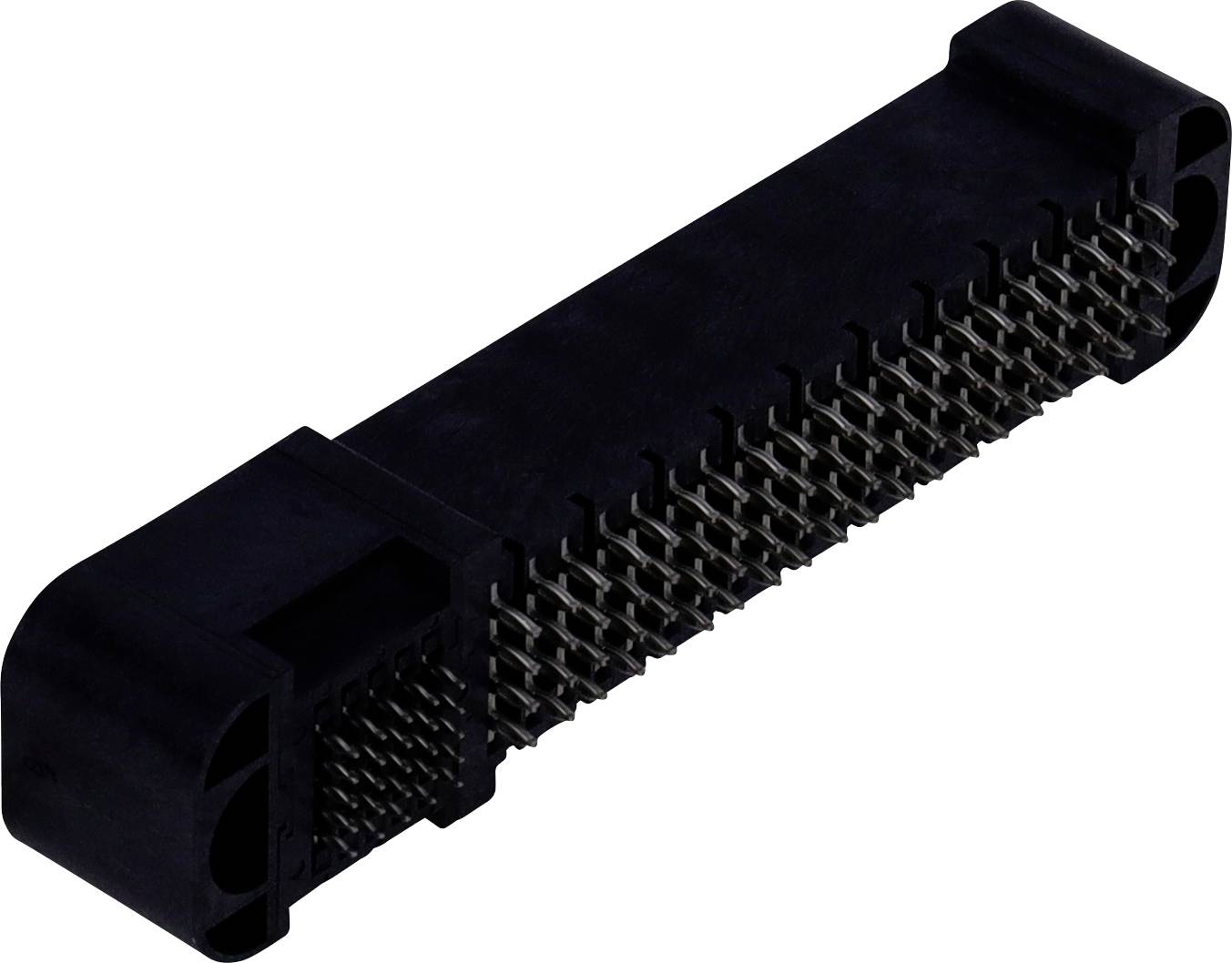 Ein schwarzer elektronischer Steckverbinder mit mehreren Pins, der für Leiterplatten konzipiert ist und ein rechteckiges Gehäuse mit zwei Reihen von Metallpins aufweist.