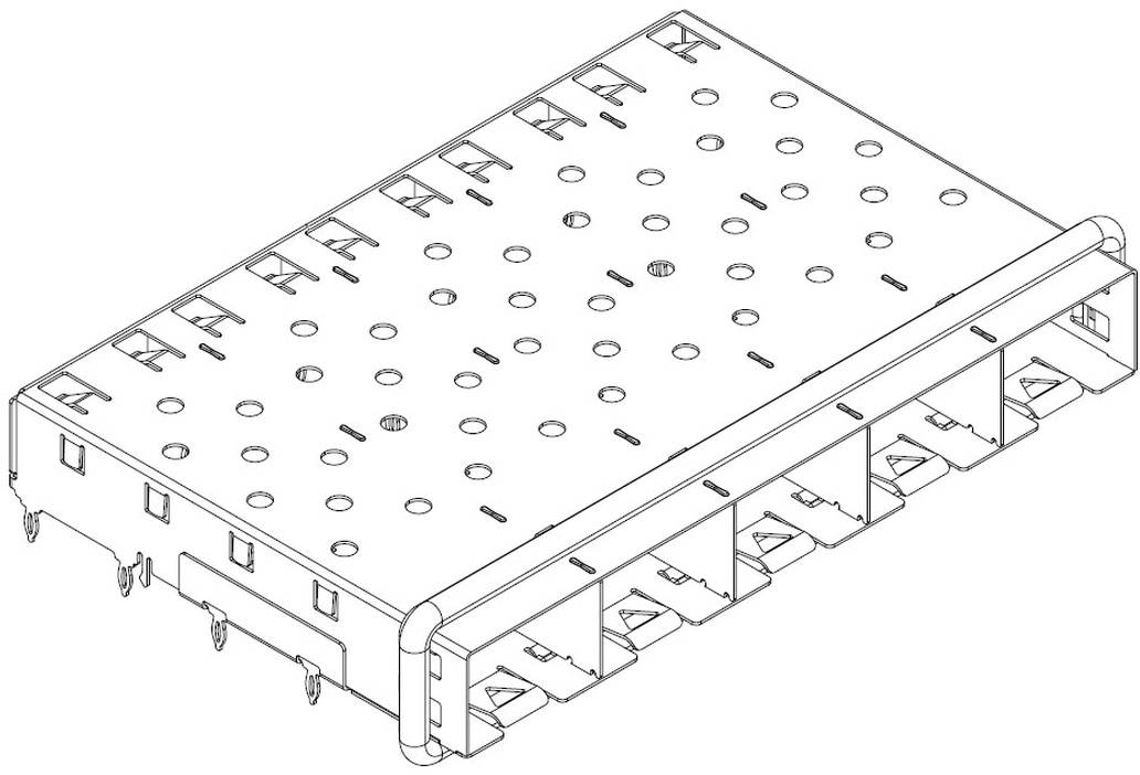 Abbildung einer rechteckigen elektronischen Komponente mit mehreren Schlitzen und Anschlüssen, wahrscheinlich für die Schaltungsintegration oder Datenübertragung verwendet.