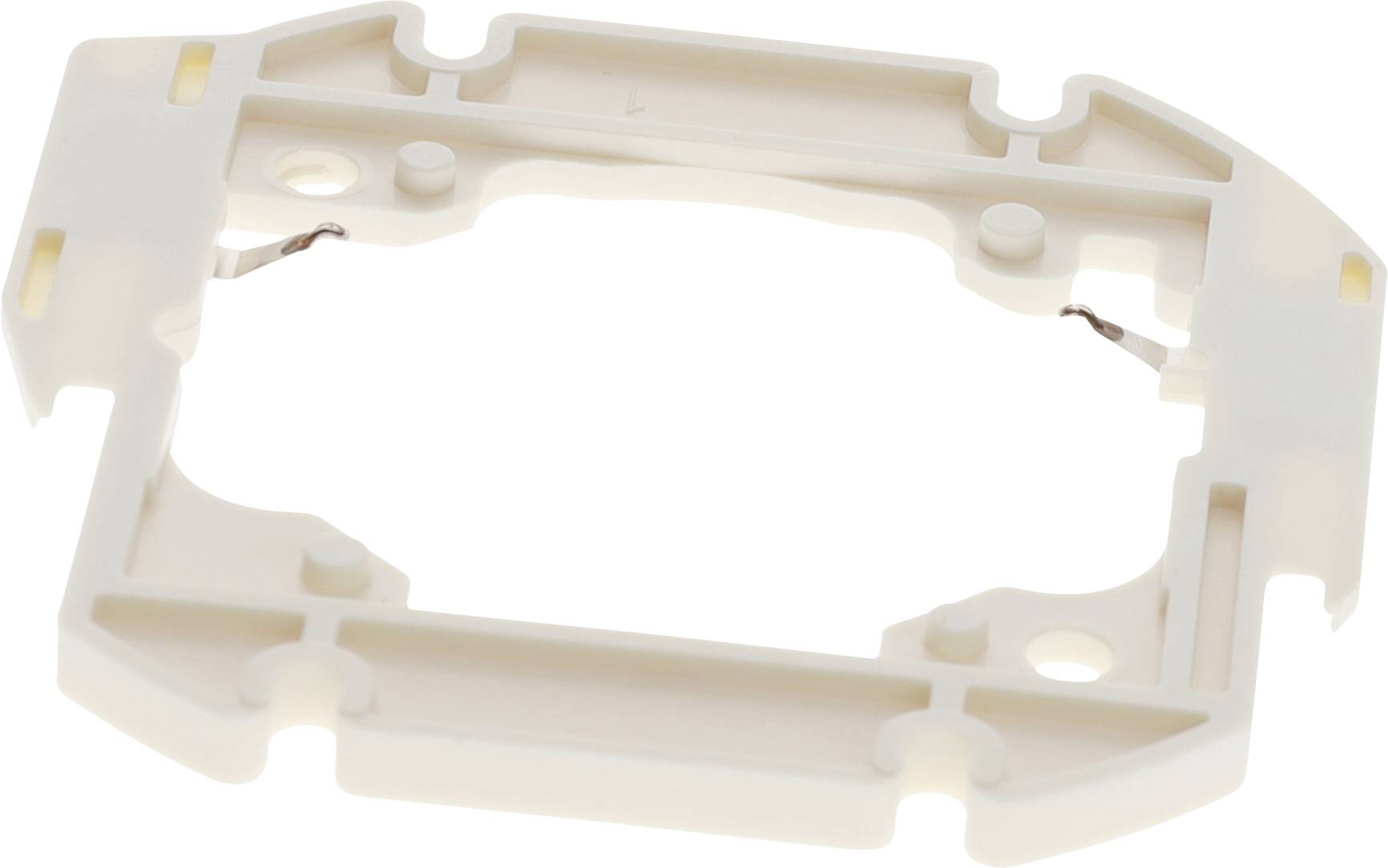 Eine weiße Kunststoffhalterung mit rechteckiger Form, die Löcher und Schlitze an den Seiten aufweist und typischerweise zum Montieren oder Befestigen von Komponenten verwendet wird.