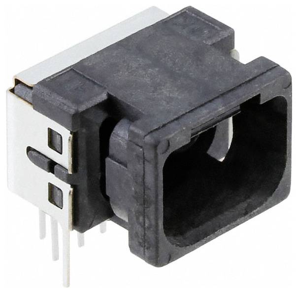 Ein schwarz-silbernes elektronisches Bauteil mit mehreren Metallstiften zur Befestigung auf einer Leiterplatte, mit einer rechteckigen Öffnung in der Mitte.