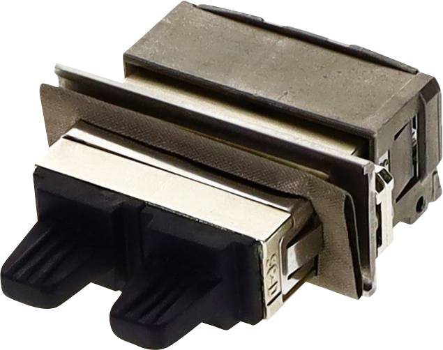 Eine Nahaufnahme einer silbernen und schwarzen elektrischen Komponente mit Anschlüssen, wahrscheinlich für elektronische Geräte oder Verkabelung verwendet.