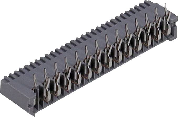 Ein grauer, rechteckiger elektrischer Steckverbinder mit mehreren Metallstiften, die in zwei Reihen angeordnet sind, wird für Schaltkreisverbindungen verwendet.
