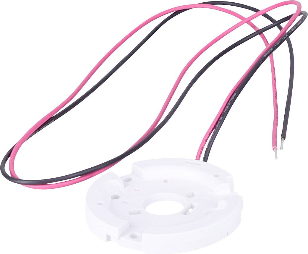 Eine weiße elektrische Komponente mit roten und schwarzen Kabeln ragt heraus, höchstwahrscheinlich ein Teil eines elektronischen oder Schaltungssystems.