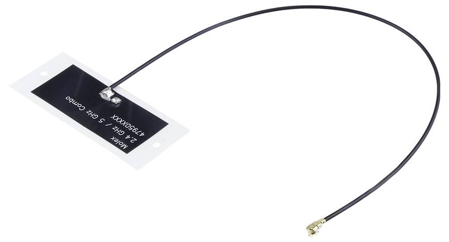 Flache Cantenna mit langem Kabel und kleinem, goldenen Anschlussstecker. Text auf der Cantenna: '#4350/4351, 2.4 GHz, 5 GHz, Combo'.