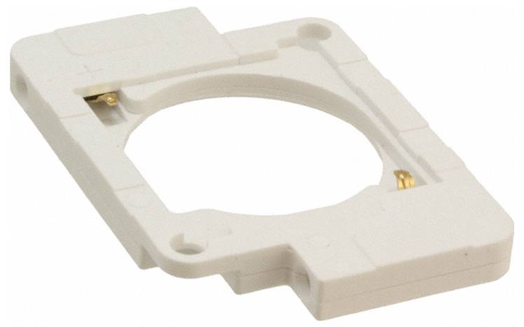 Weißer Kunststoffadapter für eine Knopfzellenbatterie mit einem kreisförmigen Schlitz zur Positionierung und goldenen Kontakten für die Konnektivität.