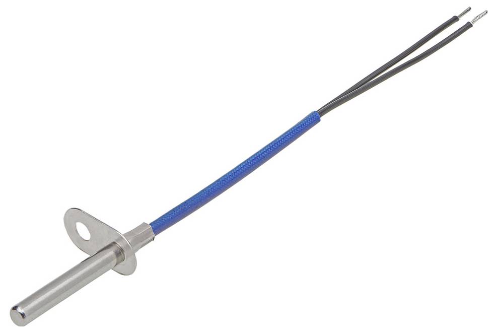 Zylindrischer Temperatursensor aus Metall mit blauer Ummantelung und zwei Kabeln, geeignet für industrielle Anwendungen.