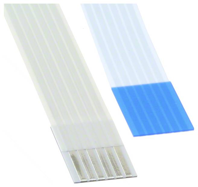 „Flexible Flachkabel (FFC) mit 6 Pins, mit grauen und blauen Farbabschnitten, verwendet für elektrische Verbindungen und Datenübertragung.