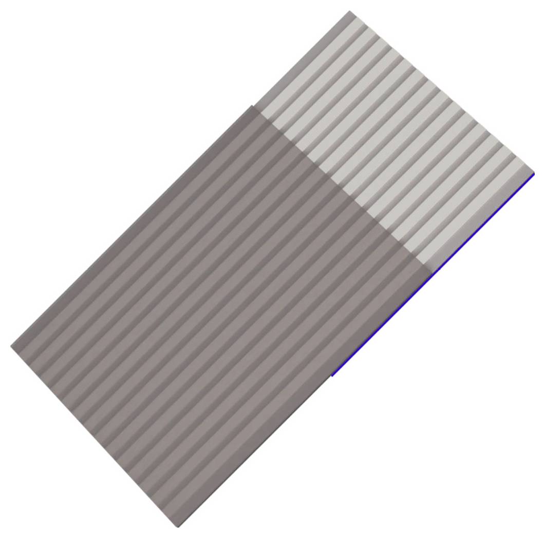 Diagonales zweifarbiges rechteckiges Panel mit parallelen Rillen, dunklerer unterer Bereich und hellerer oberer Bereich, auf weißem Hintergrund.