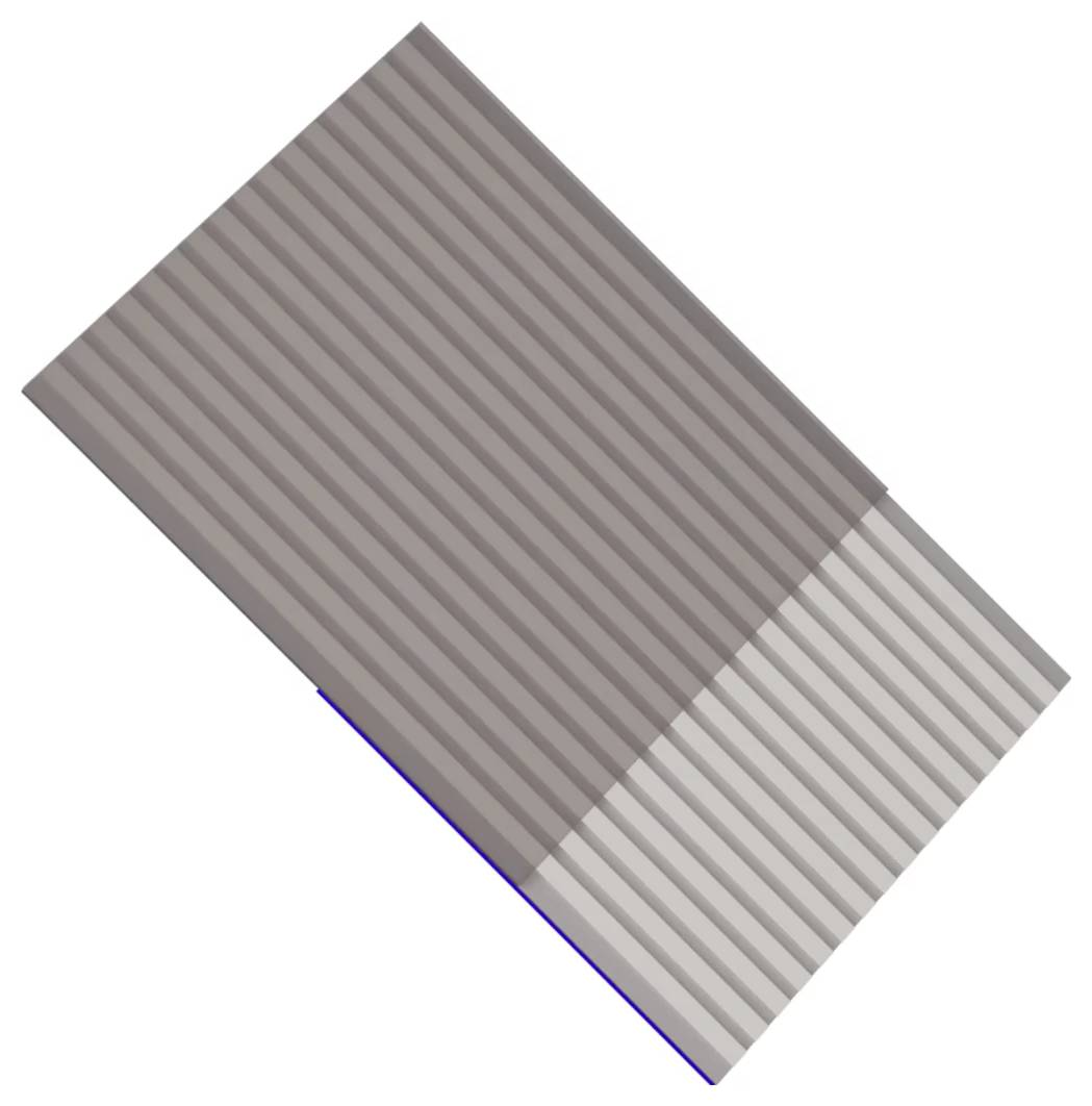 Diagonal gerippter grauer rechteckiger Streifen mit einem helleren segmentierten Ende, ähnlich wie ein 3D-Materialmuster oder Panel.