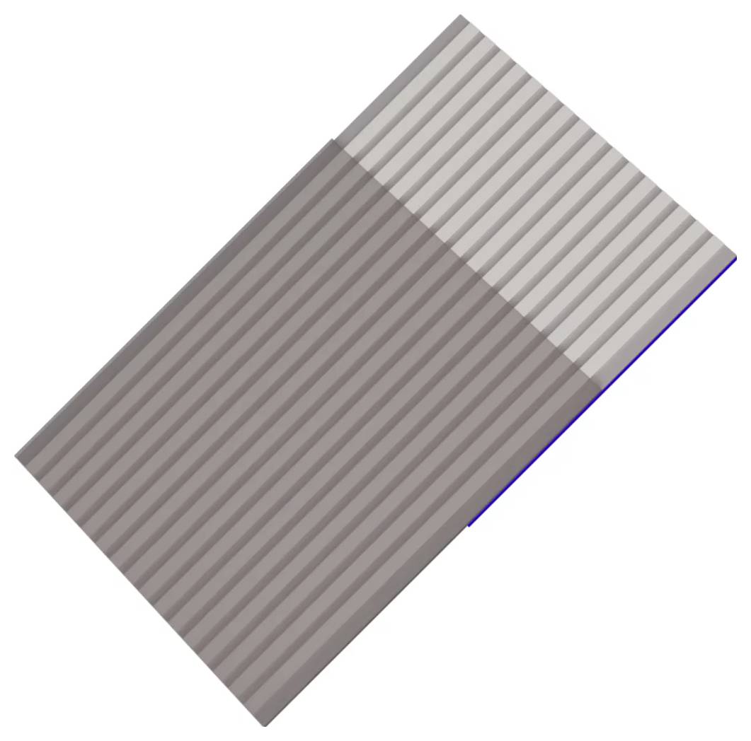 Diagonales welliges rechteckiges Metallpaneel mit einem helleren grauen oberen Abschnitt und einem dunkleren unteren Abschnitt auf weißem Hintergrund.