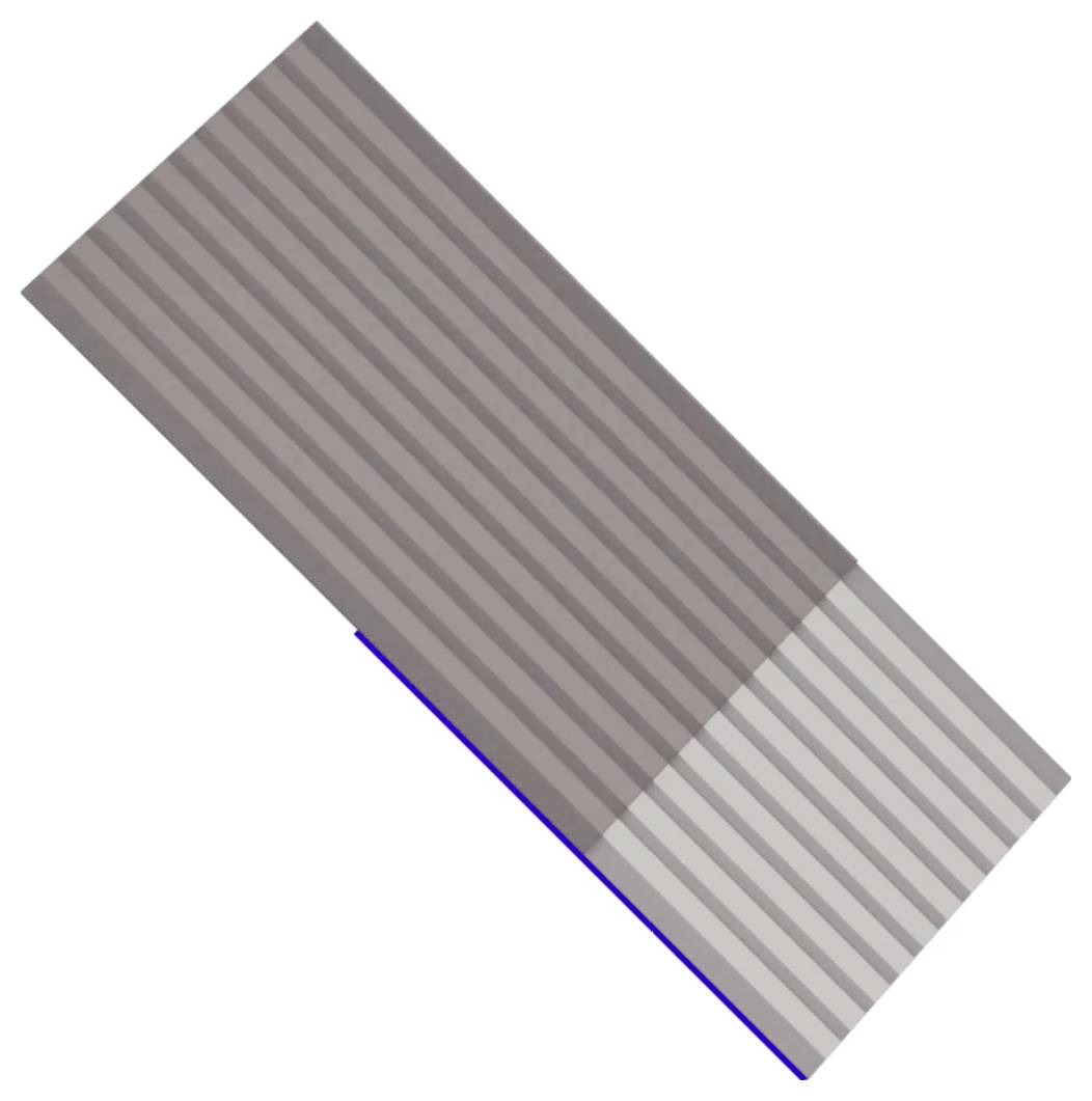 Diagonal gestreifter rechteckiger Balken in Braun und Hellgrau, mit einer blauen Kante entlang der Unterseite.