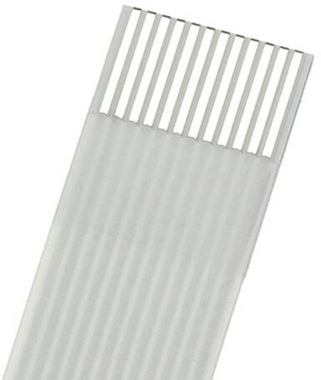 Ein weißes, flaches Bandkabel mit mehreren parallelen Leitern auf weißem Hintergrund.