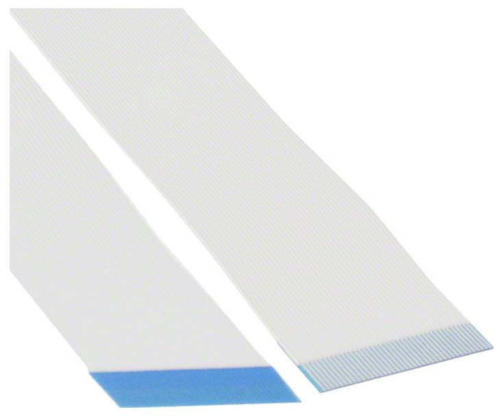 Zwei flache, weiße Bandkabel nebeneinander angebracht, eines mit einer blauen Spitze und das andere schlicht, verwendet für elektronische Verbindungen.