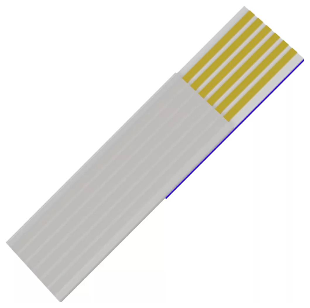 Ein flaches Bandkabel mit goldenen Kontaktflächen an einem Ende, diagonal auf weißem Hintergrund dargestellt.