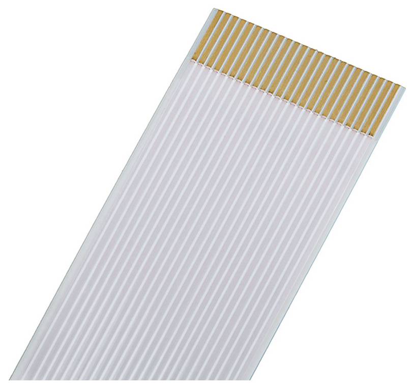 Ein flaches, flexibles Bandkabel mit mehreren parallelen Kupferleitungen auf einem weißen Kunststoffstreifen, typischerweise für elektronische Verbindungen verwendet.