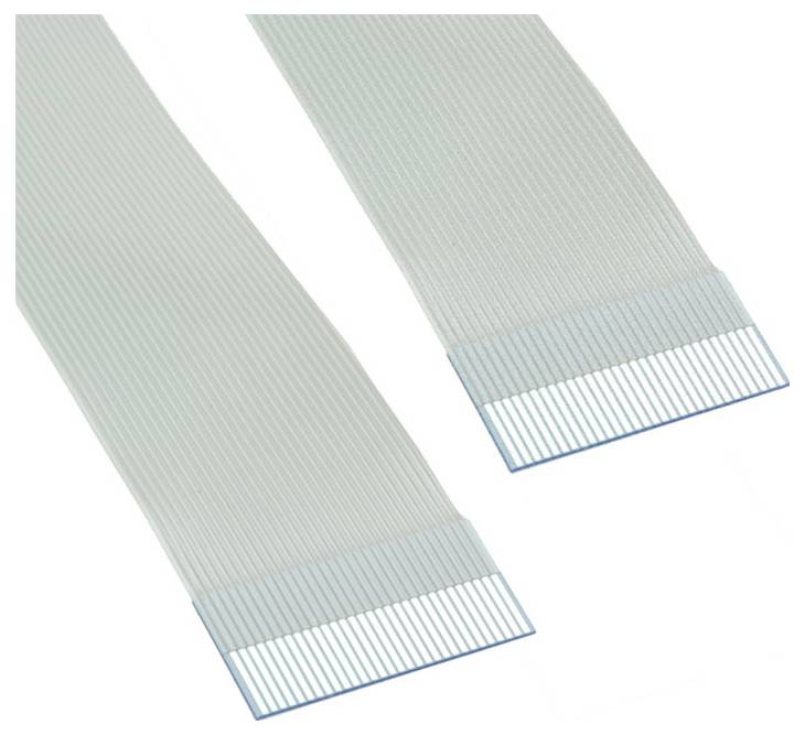 Zwei flache Bandkabel mit silbernen Steckern an den Enden, die für elektrische Verbindungen in elektronischen Geräten verwendet werden.
