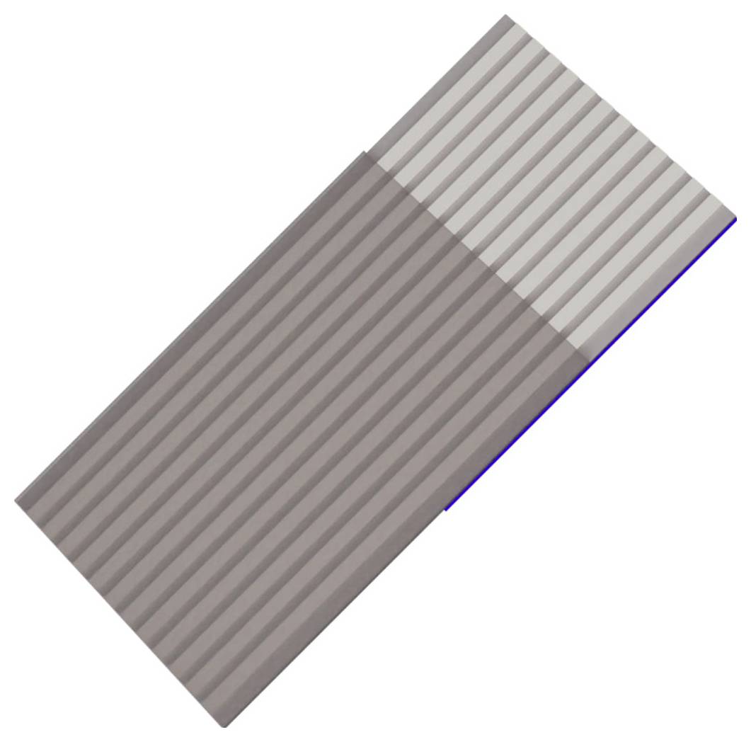Ein geripptes rechteckiges Metallpanel, das diagonal auf weißem Hintergrund gezeigt wird, mit einem helleren Bereich an einem Ende.