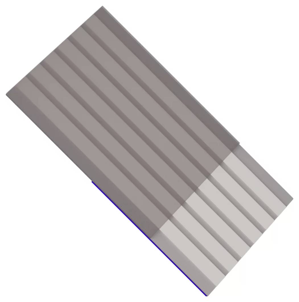 Diagonales graues Wellblechpanel mit einem helleren Endbereich, auf weißem Hintergrund dargestellt.