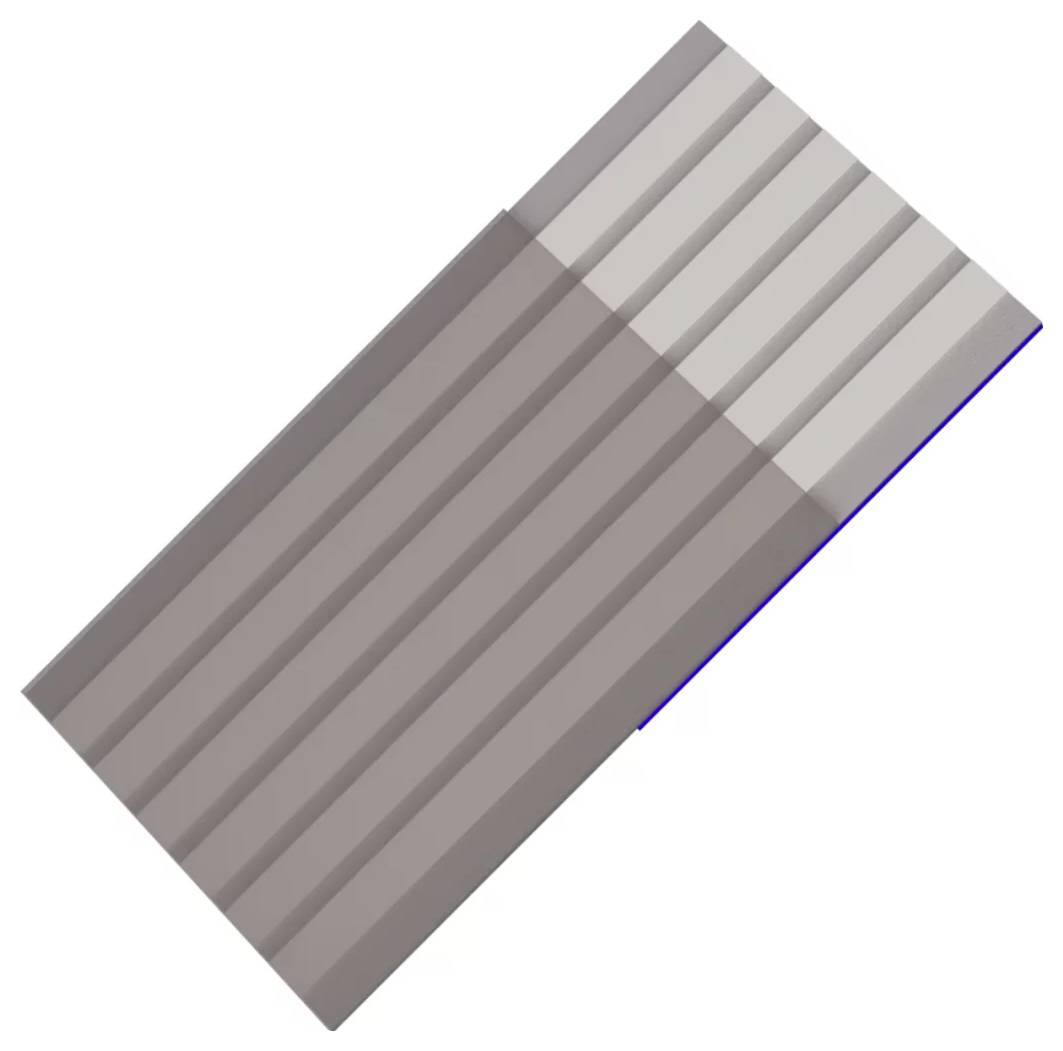 Diagonales, gerilltes rechteckiges Panel in graubrauntönen, mit einem leichteren durchsichtigen Bereich, der die obere rechte Ecke überlappt.