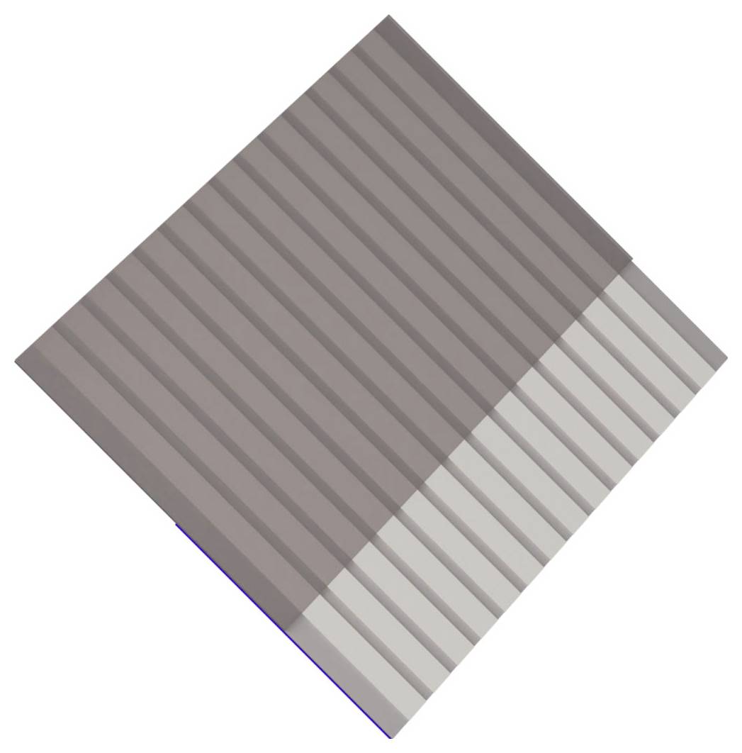 Quadrat mit diagonalen grauen Streifen und einem helleren gestreiften Eckbereich, das einer gefalteten oder gekachelten Oberfläche ähnelt.